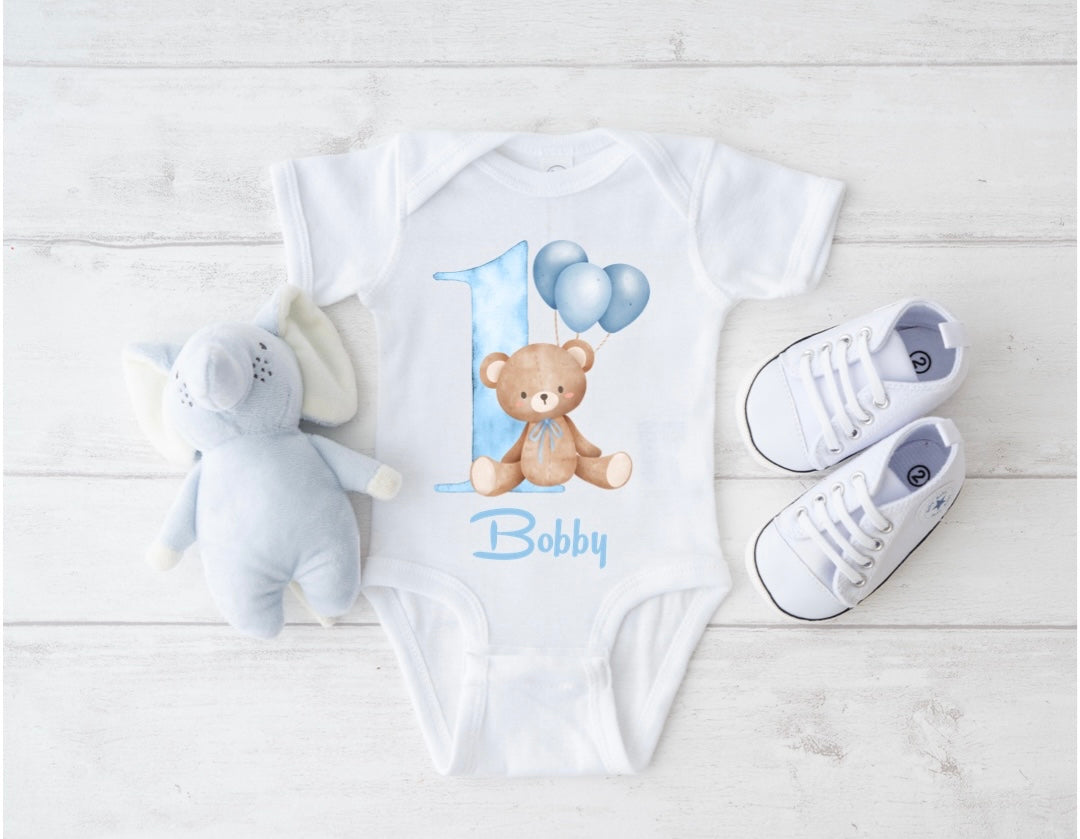 Teddy Bear Blue Balloons 1st Birthday Bodysuit