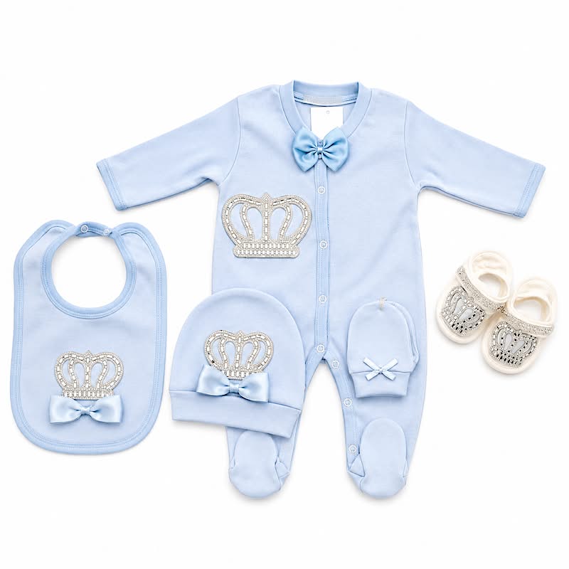 New Born Babies 5 Piece Crown Sets 0-3 Months for Baby Girl and Boy Beautiful Gift Set with Pink and Blue