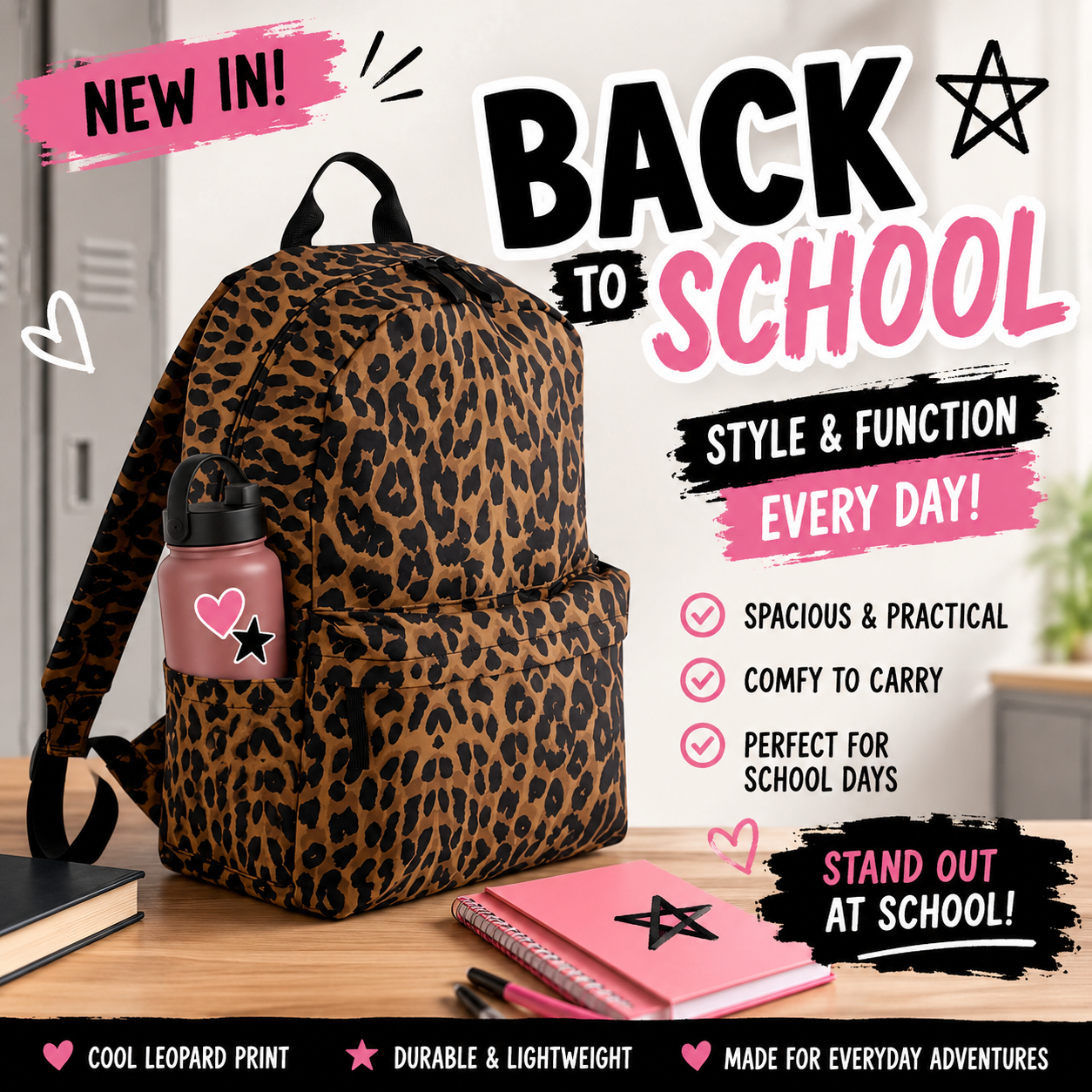 Leopard Print backpack - side pockets - laptop slip pocket