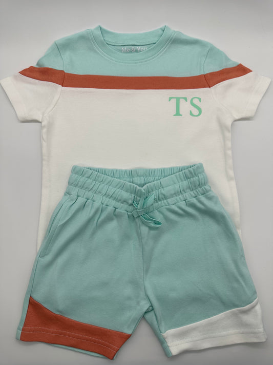 Blue/Peach Colour Block T-Shirt & Shorts Set