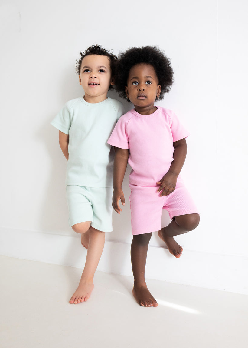 Embroidered Ribbed Children’s Short Sleeve Cotton Sets