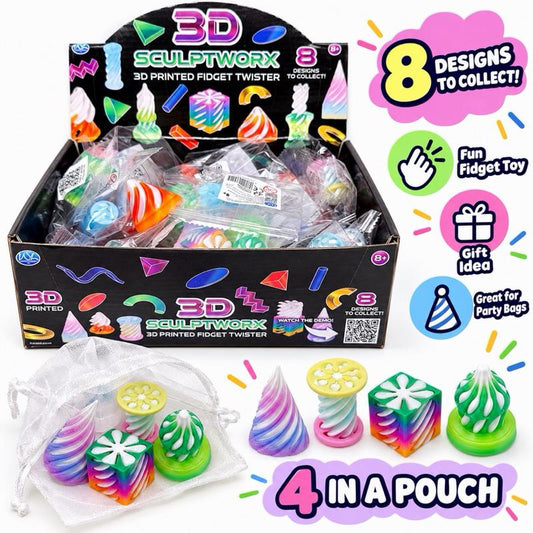 4 Pack 3D Printed Fidget Twisters – Assorted Designs in Gift Pouch
