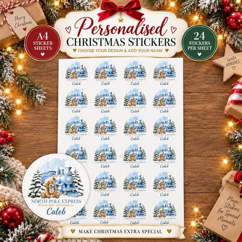 Personalised Christmas Bear Stickers - choose from pink or blue designs - Me And You You And Me Co 