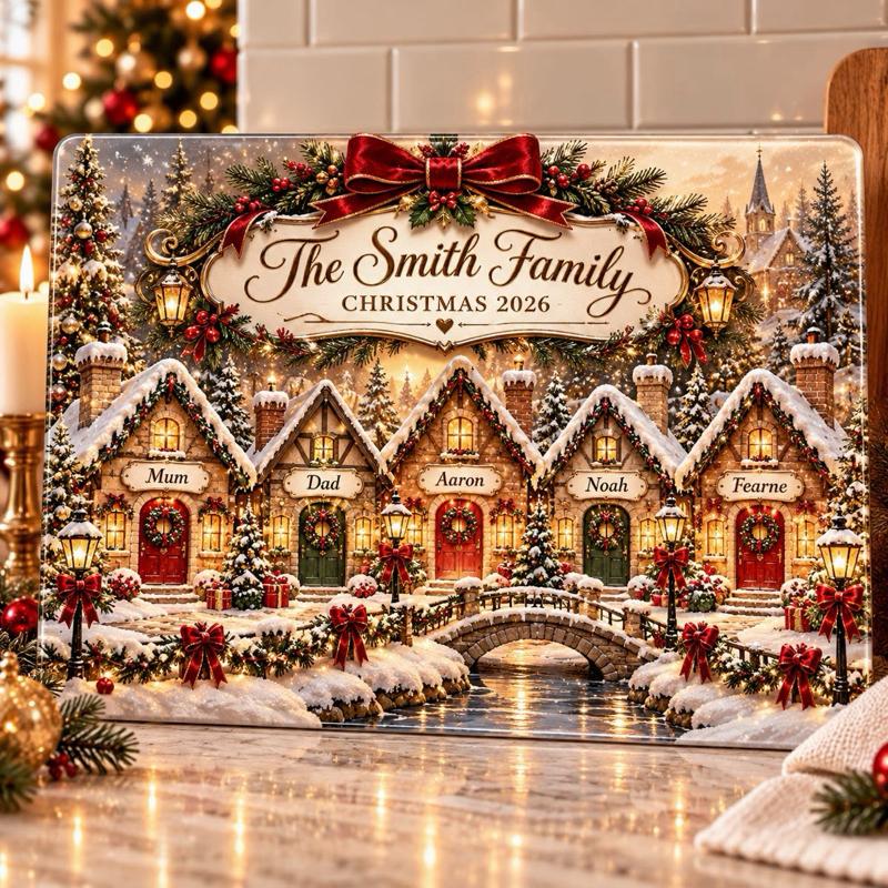 Personalised Christmas Cutting Board Family Stockings Perfect Christmas Gift 28cmx20cm Durable Glass Heat - choose names and number of houses - Me And You You And Me Co 