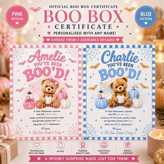 Personalised Halloween Boo box letter certificate - choose from pink or blue bear design - Me And You You And Me Co 