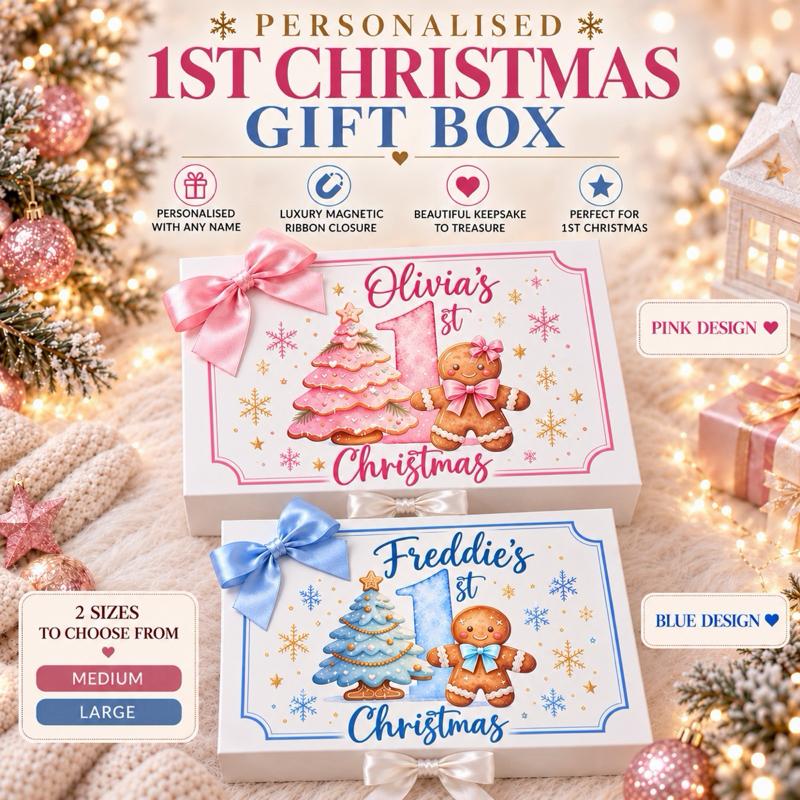 Personalised First Christmas Gingerbread Luxury Magnetic Ribbon Gift box - medium and large sizes - 2 designs to choose from - Me And You You And Me Co 