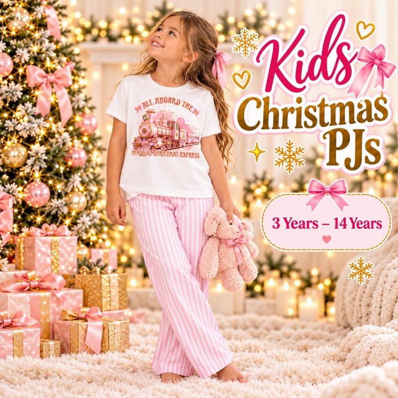 Matching Christmas PJs All Aboard The Magical Christmas Express Adults XS-3XL Kids 3-14 Years Pink Striped Set with Bag - Me And You You And Me Co 