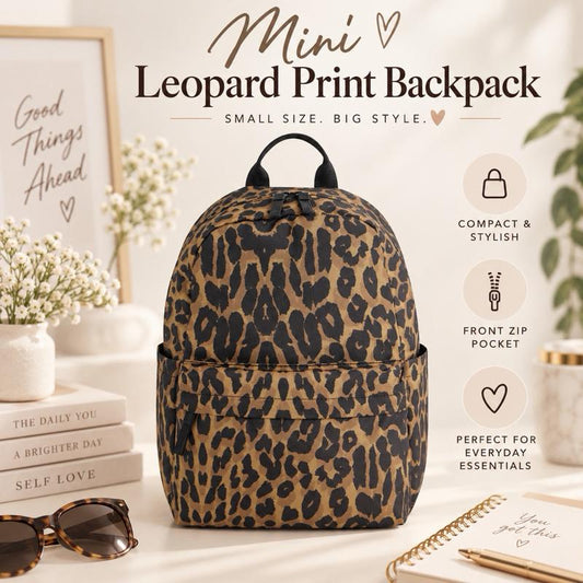 Leopard Print Mini backpack - side pockets - laptop slip pocket