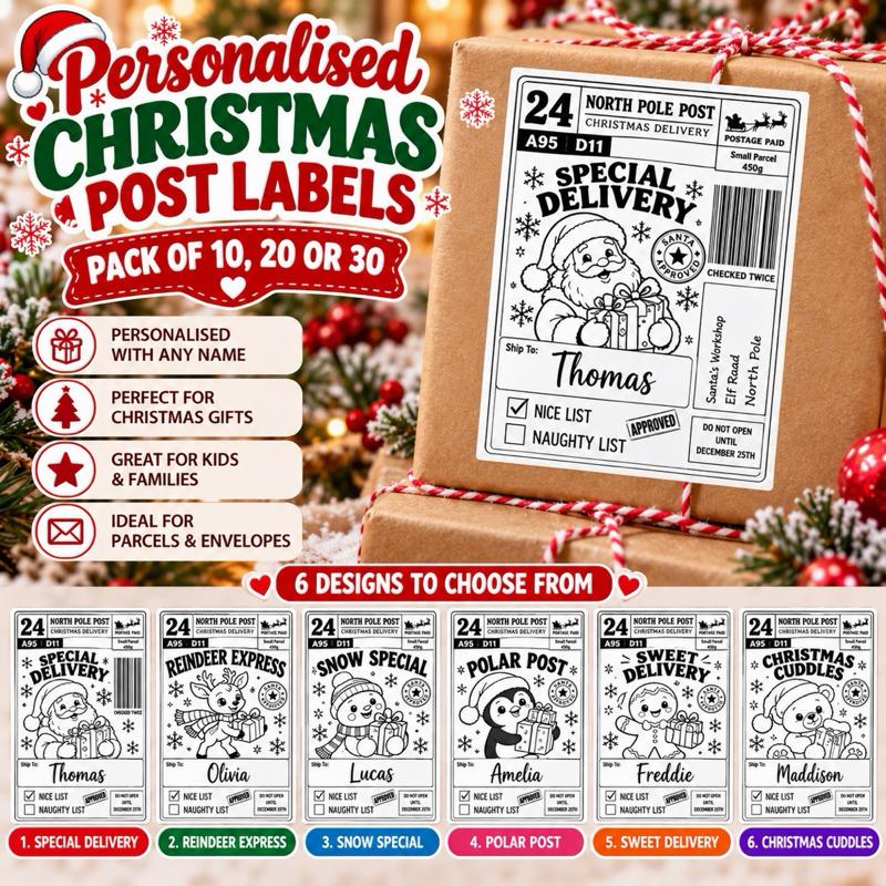 Personalised Christmas Post Label - Pack of 10, 20 or 30 labels - Me And You You And Me Co 