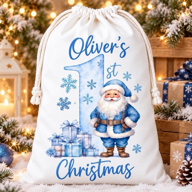 Personalised 1st Christmas Large Sacks 49 x 67cm Choose from 4 Designs Santa Train Gingerbread Festive Gift Decor - Me And You You And Me Co 