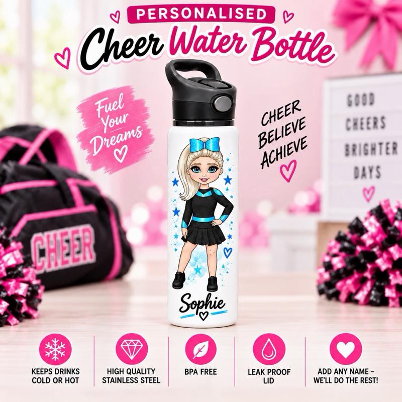 Personalised Cheer Water Bottle - Aluminium, 650ml Capacity - Choose leotard colour, Hair, Eye and Skin Details - Drinkware - Me And You You And Me Co 