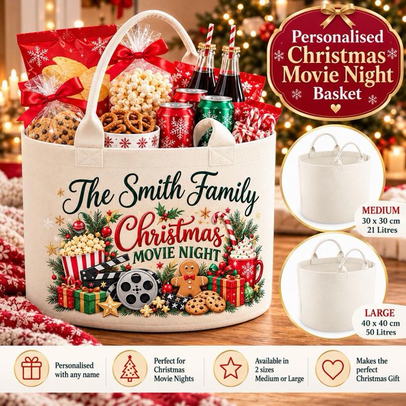 Personalised Christmas Movie Night Basket | Family Christmas Eve Treat Hamper | Medium & Large - Me And You You And Me Co 