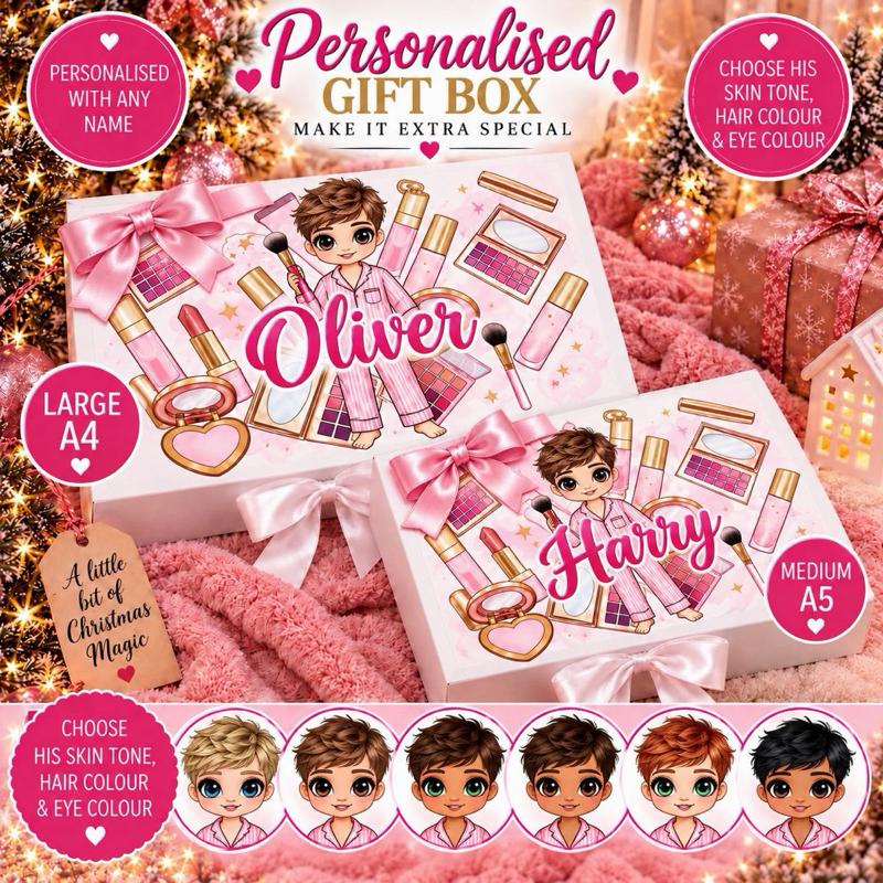 Personalised Pink Make Up Boy Luxury Magnetic Ribbon Gift box - medium and large sizes - choose skin tone, hair and eye colour - Me And You You And Me Co 