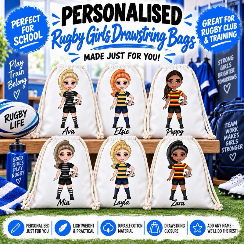 Personalised Rugby Girl Drawstring Bag - Choose kit colour, skin tone, hair and eye colour - Me And You You And Me Co 