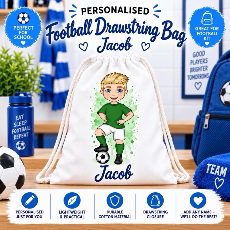 Personalised Football Boy Drawstring Bag - Choose kit colour, skin tone, hair and eye colour - Me And You You And Me Co 