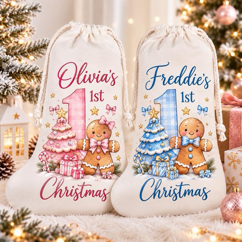 Personalised First Christmas Gingerbread Stockings - choose pink blue or red design - Me And You You And Me Co 
