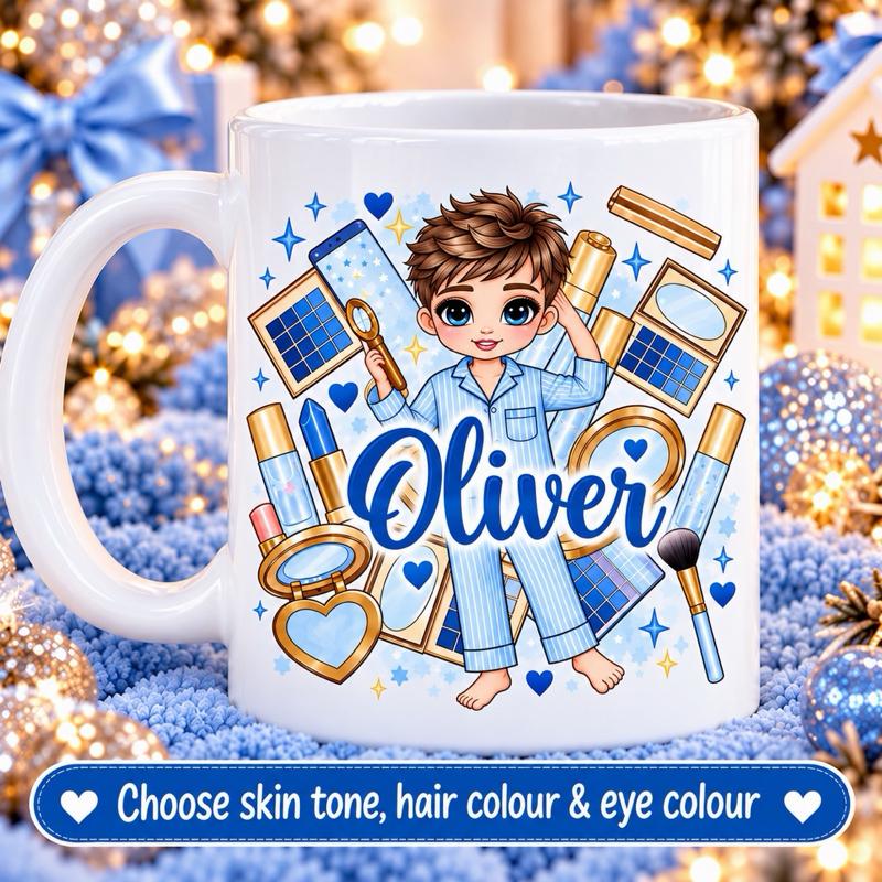 Personalised Blue Make Up Boy Mug - Choose skin tone, hair and eye colour - Me And You You And Me Co 