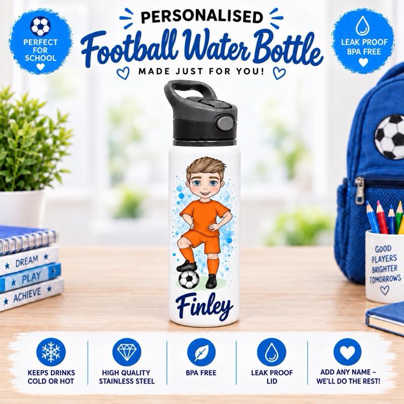 Personalised Boys Football Water Bottle - Aluminium, 650ml Capacity - Choose football kit colour, Hair, Eye and Skin Details - Drinkware