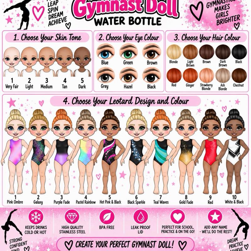Personalised Gymnastics Water Bottle - Aluminium, 650ml Capacity - Choose leotard colour, Hair, Eye and Skin Details - Drinkware