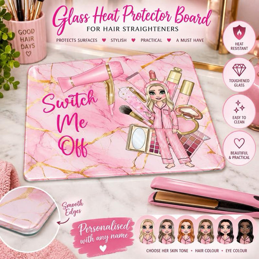 Girl Glass Heat Protector Board for Hair Straighteners and Make Up - Durable Material and Sleek Design - choose skin tone hair and eye colour