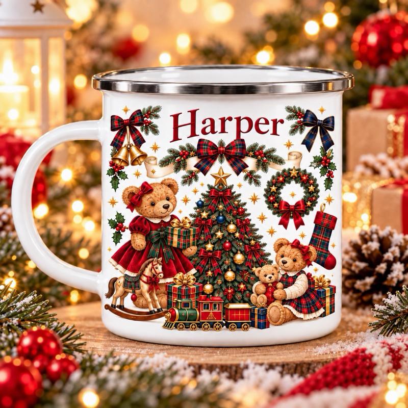 Personalised Vintage Teddy Bear Christmas Enamel Mug Perfect for Daily Use Drinkware Enhance Your Day - available in 2 designs - Me And You You And Me Co 
