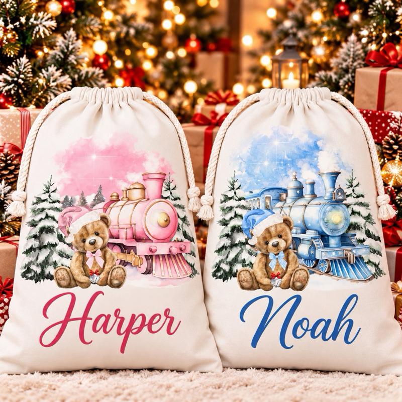 Personalised Christmas Large Bear Sacks 49 x 67cm Choose from 3 Designs blue red or pink - Me And You You And Me Co 