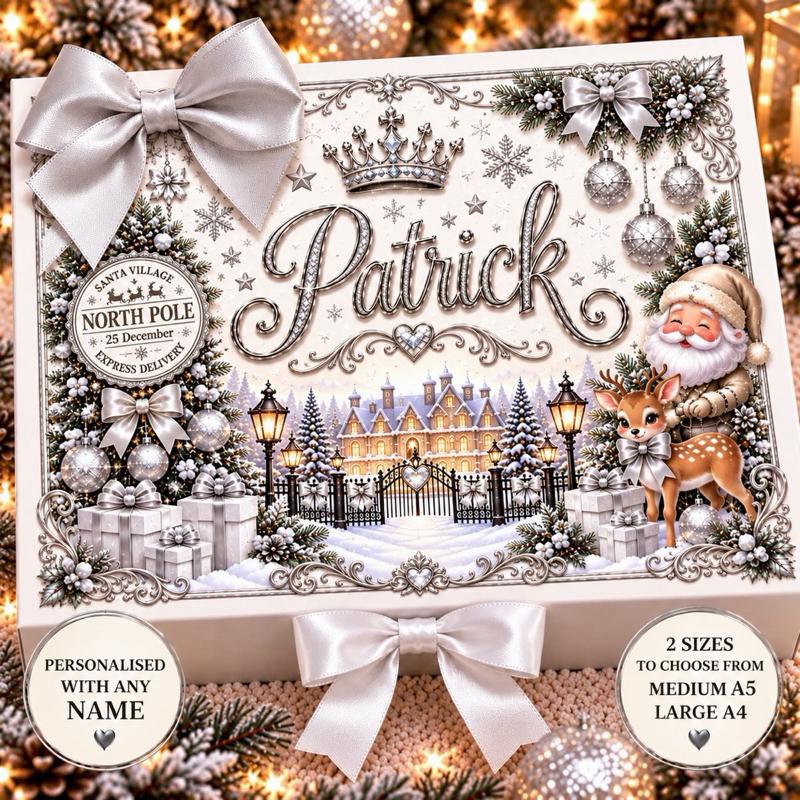 Personalised Luxury Christmas Gift Box – Silver North Pole Design – Custom Name – Christmas Eve Box – Medium A5 or Large A4 - Me And You You And Me Co 