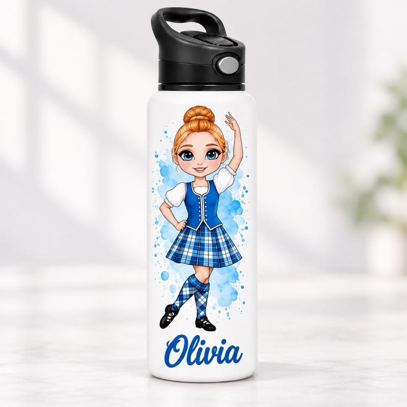 Personalised Highland Dancing Water Bottle - Aluminium, 650ml Capacity - Choose leotard colour, Hair, Eye and Skin Details - Drinkware