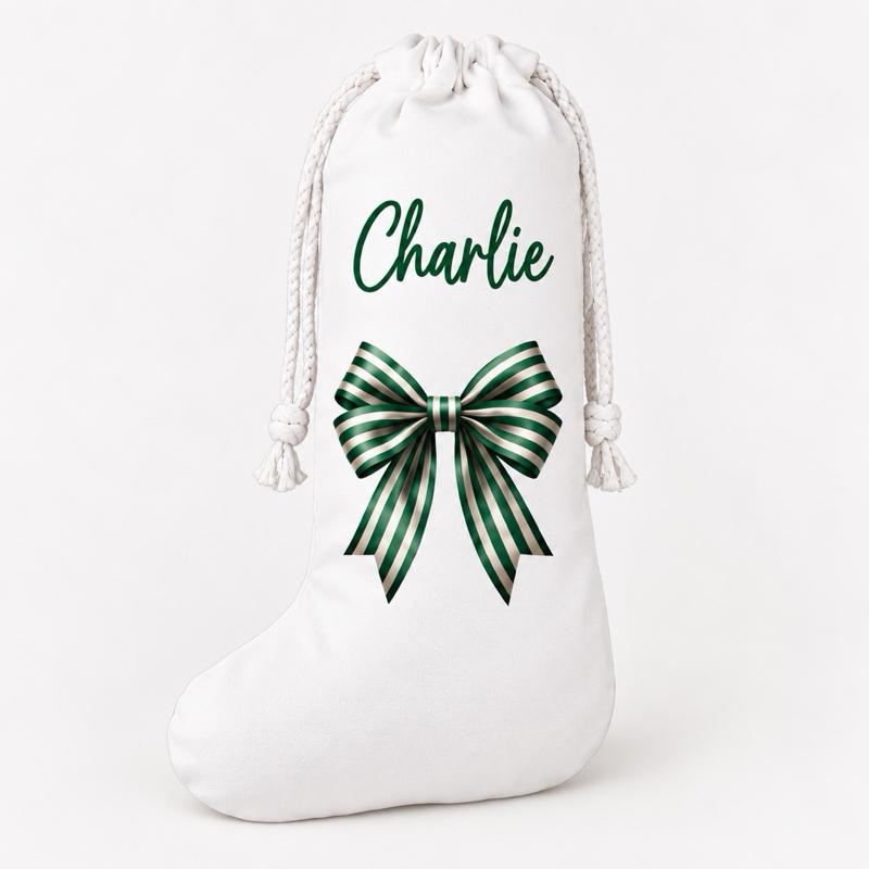 Personalised Christmas Bow Stockings Gingerbread and Santa Designs - green blue gold red pink - Me And You You And Me Co 