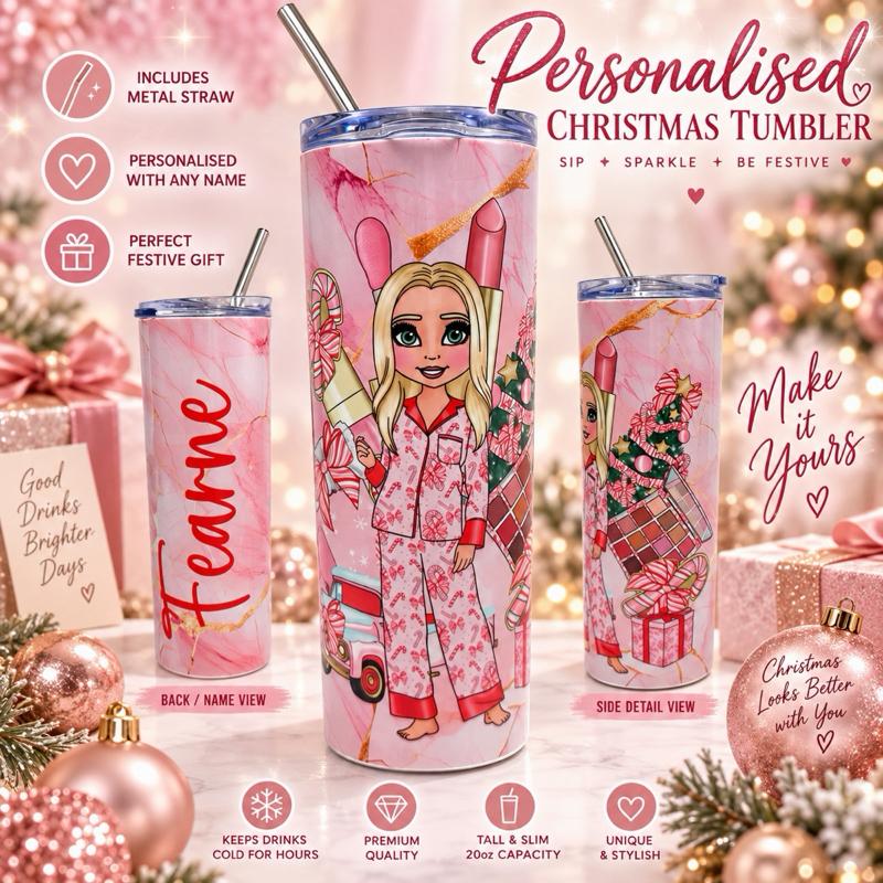 Christmas Make Up Girl 20oz Tumbler - Choose skin tone, hair and eye colour