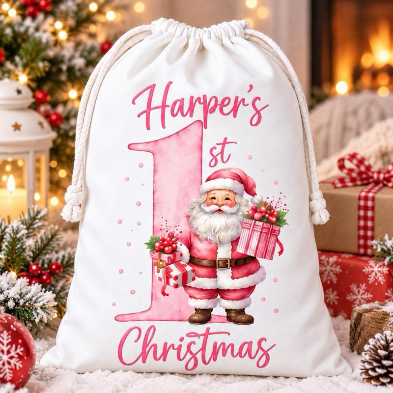 Personalised 1st Christmas Large Sacks 49 x 67cm Choose from 4 Designs Santa Train Gingerbread Festive Gift Decor - Me And You You And Me Co 