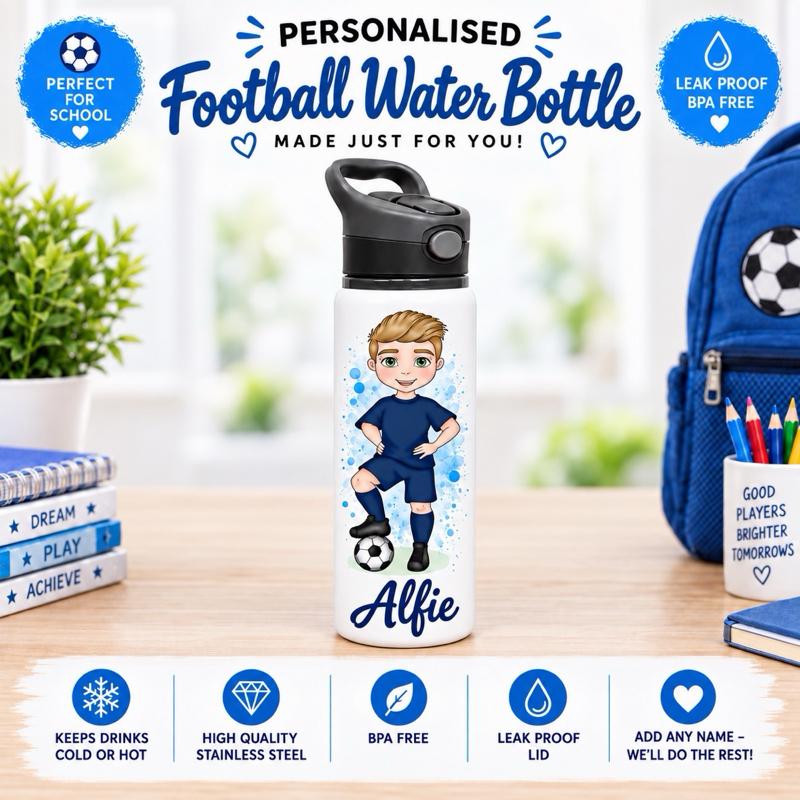 Personalised Boys Football Water Bottle - Aluminium, 650ml Capacity - Choose football kit colour, Hair, Eye and Skin Details - Drinkware