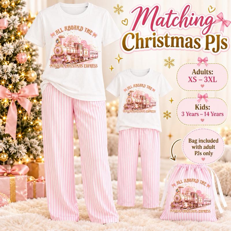 Matching Christmas PJs All Aboard The Magical Christmas Express Adults XS-3XL Kids 3-14 Years Pink Striped Set with Bag - Me And You You And Me Co 