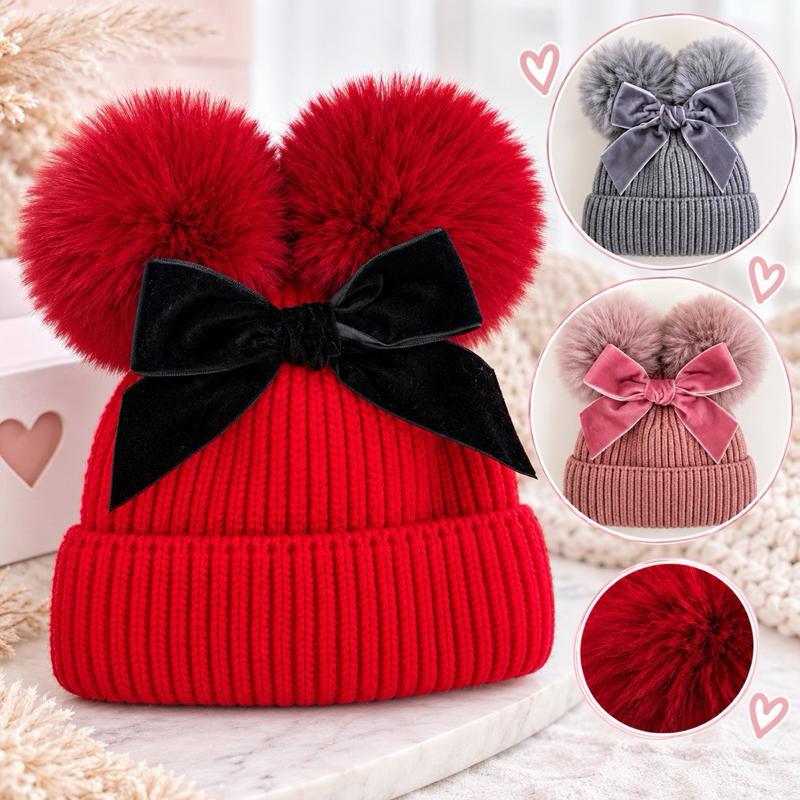Cozy Knit Beanie with Velvet Bow and Pom-Poms in Grey Pink and Red for children