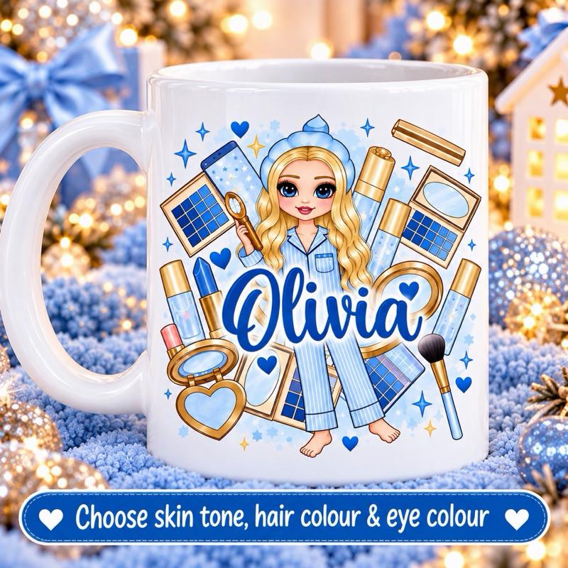 Personalised Blue Make Up Girl Mug - Choose skin tone, hair and eye colour - Me And You You And Me Co 