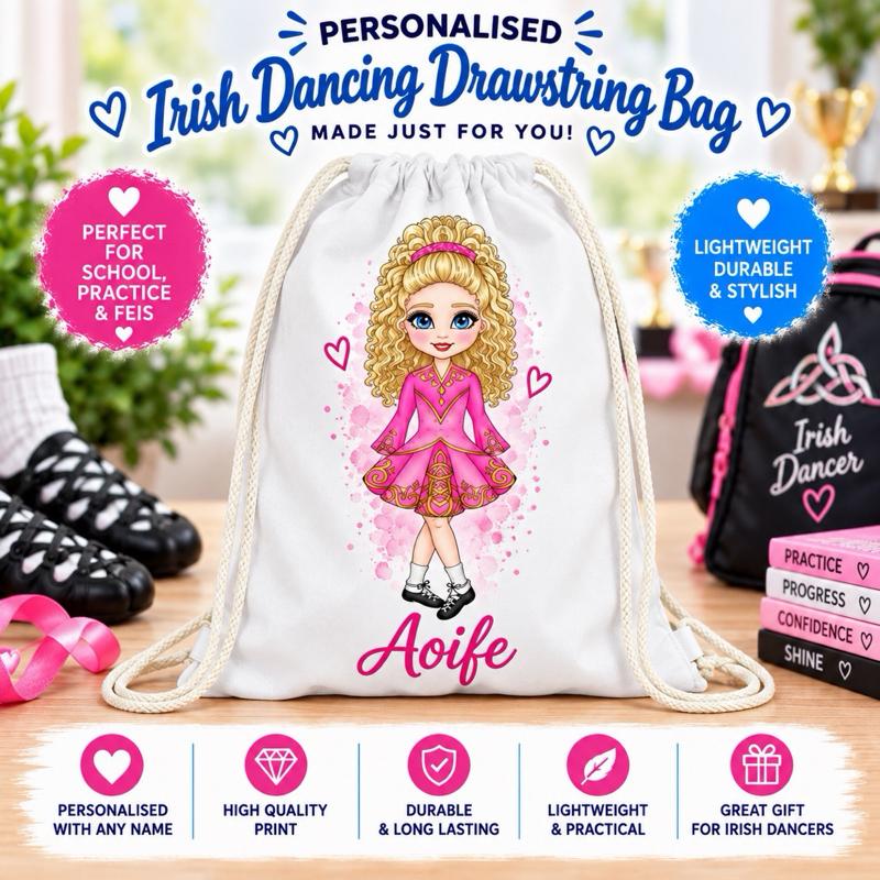 Personalised Irish Dancing Drawstring Bag - Choose dress colour, skin tone, hair and eye colour - Me And You You And Me Co 
