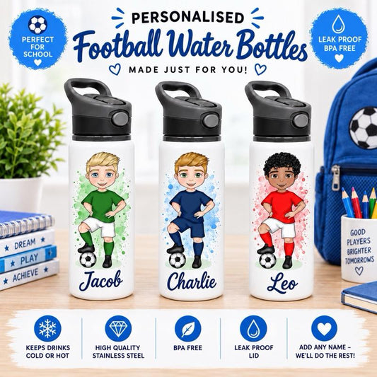 Personalised Boys Football Water Bottle - Aluminium, 650ml Capacity - Choose football kit colour, Hair, Eye and Skin Details - Drinkware