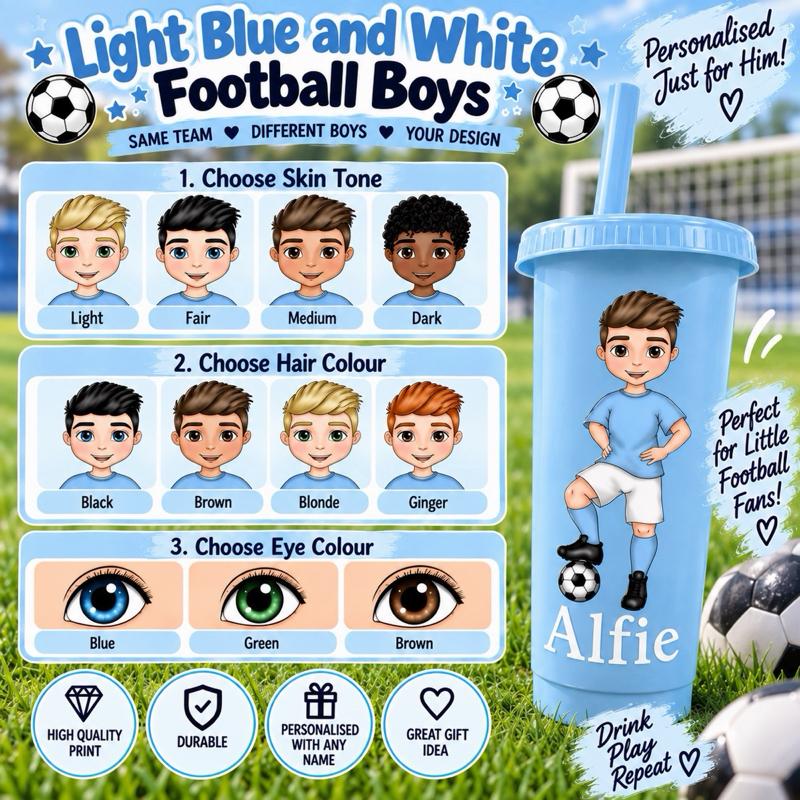 Personalised Football Cold Cups - 16oz and 24oz cups - choose skin tone hair and eye colour