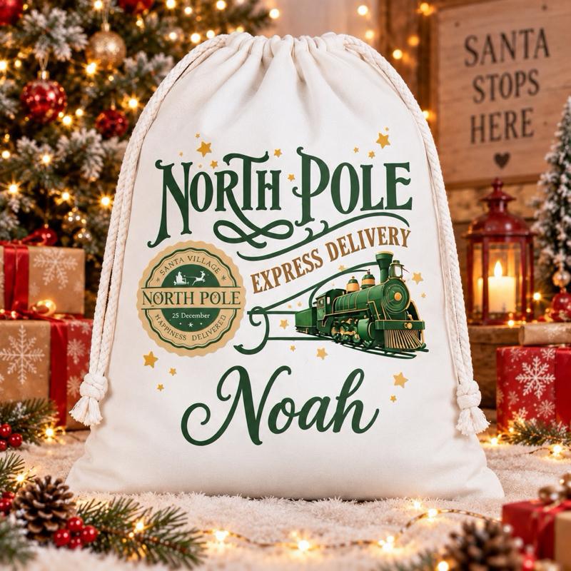 Personalised Christmas Large North Pole Sacks 49 x 67cm Choose from 5 Designs blue red green gold or pink - Me And You You And Me Co 