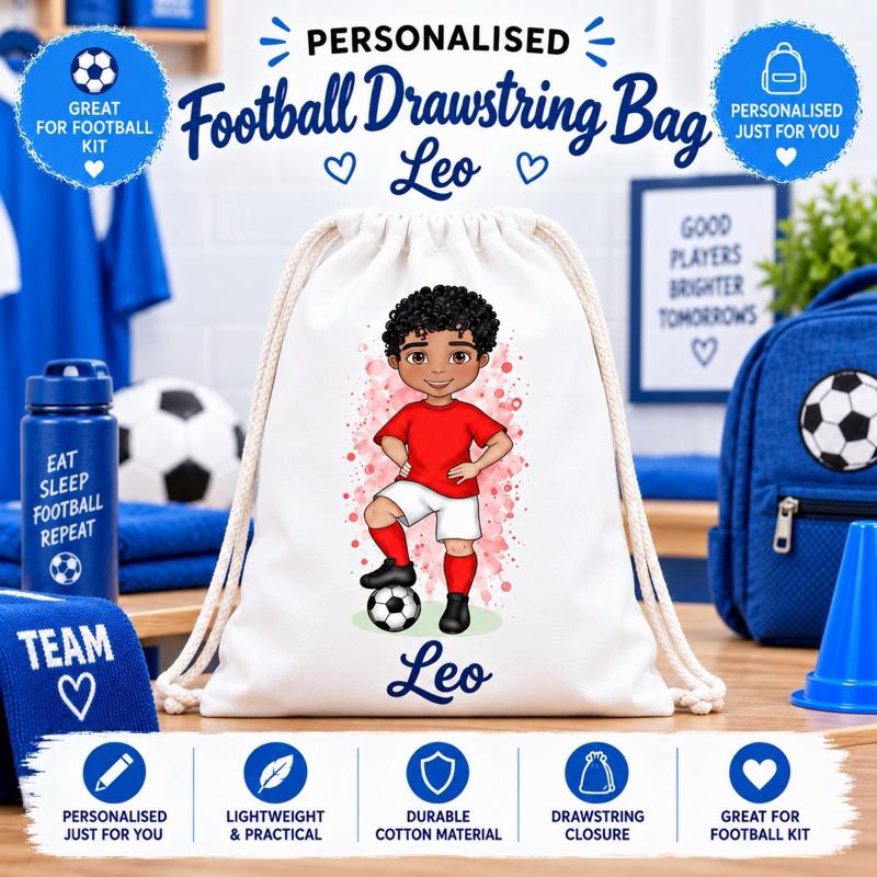 Personalised Football Boy Drawstring Bag - Choose kit colour, skin tone, hair and eye colour - Me And You You And Me Co 