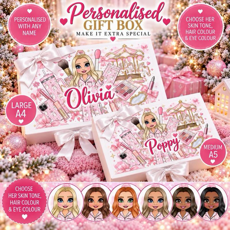 Personalised Pink Carousel Make Up Girl Luxury Magnetic Ribbon Gift box - medium and large sizes - choose skin tone, hair and eye colour - Me And You You And Me Co 