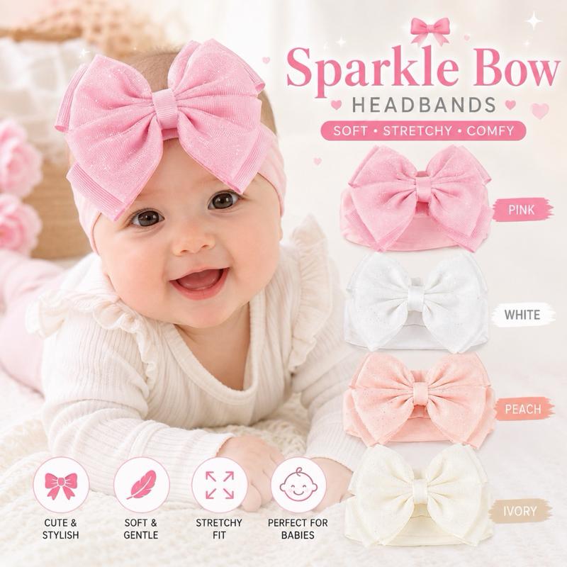 Sparkle Bow Headbands for Babies - Soft Stretchy Comfy in Pink White Peach & Ivory - Cute Stylish & Gentle Fit - Me And You You And Me Co 