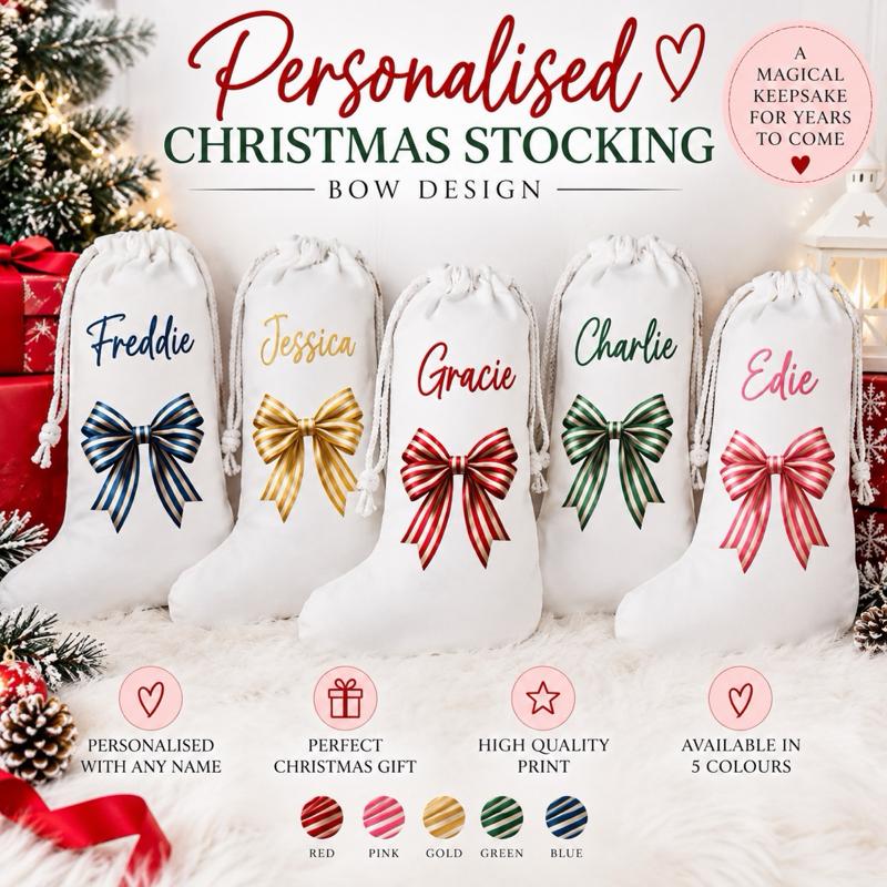 Personalised Christmas Bow Stockings Gingerbread and Santa Designs - green blue gold red pink - Me And You You And Me Co 