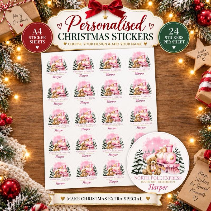 Personalised Christmas Bear Stickers - choose from pink or blue designs - Me And You You And Me Co 