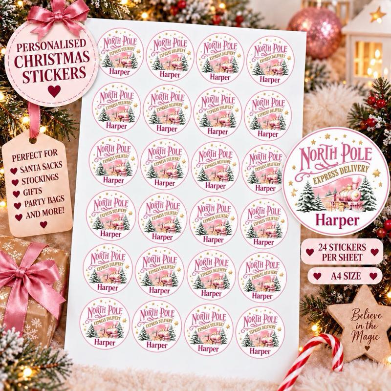 Personalised Christmas North Pole Express Stickers - choose from pink blue gold red and green designs - Me And You You And Me Co 