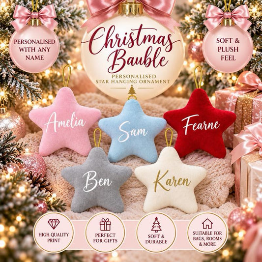 Personalised Christmas Bauble Star Hanging Ornament Soft Plush Feel High Quality Print Perfect for Gifts Suitable for Bags & More