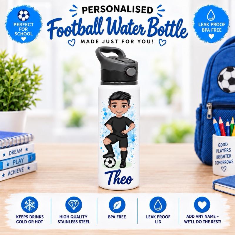 Personalised Boys Football Water Bottle - Aluminium, 650ml Capacity - Choose football kit colour, Hair, Eye and Skin Details - Drinkware