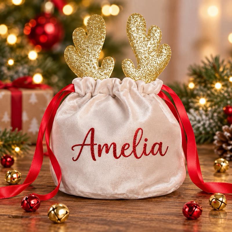 Personalised Reindeer Treat Pouch with Festive Antlers & Red Ribbon Detailing for Christmas Presents & Treats - Me And You You And Me Co 