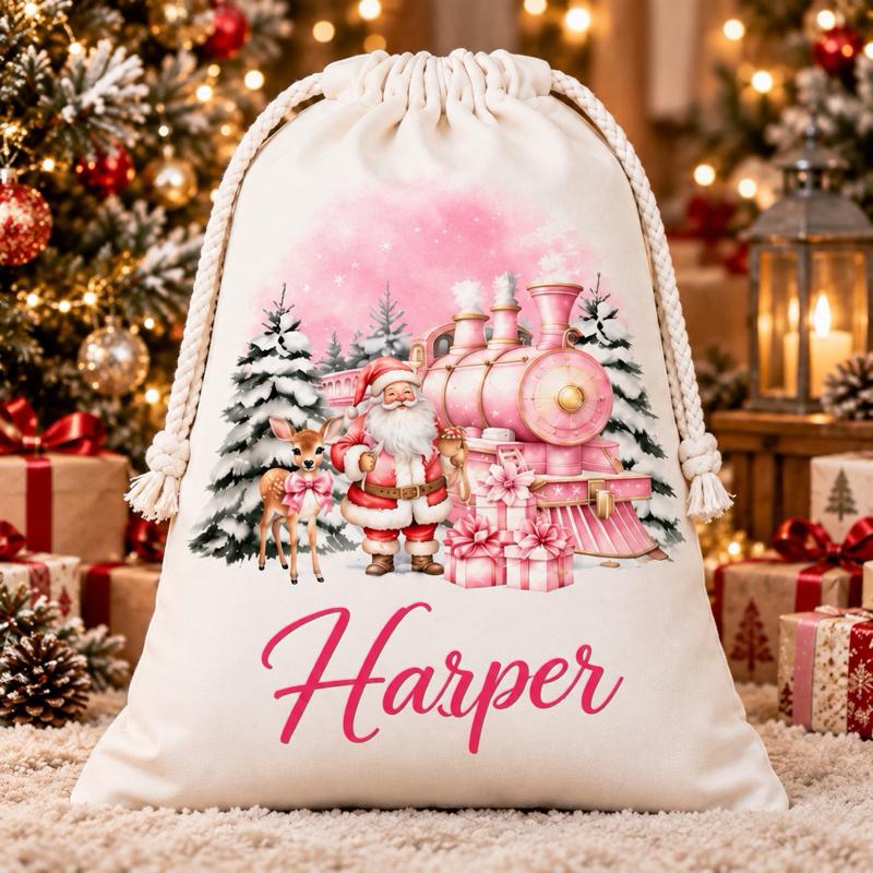 Personalised Christmas Large Santa Train Sacks 49 x 67cm Choose from 3 Designs blue red or pink - Me And You You And Me Co 