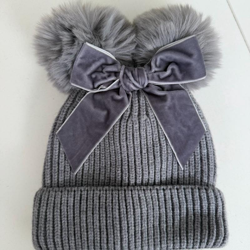 Cozy Knit Beanie with Velvet Bow and Pom-Poms in Grey Pink and Red for children